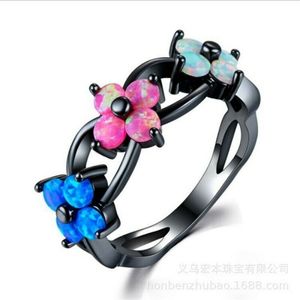Black Gold Filled Fire Opal Floral Ring